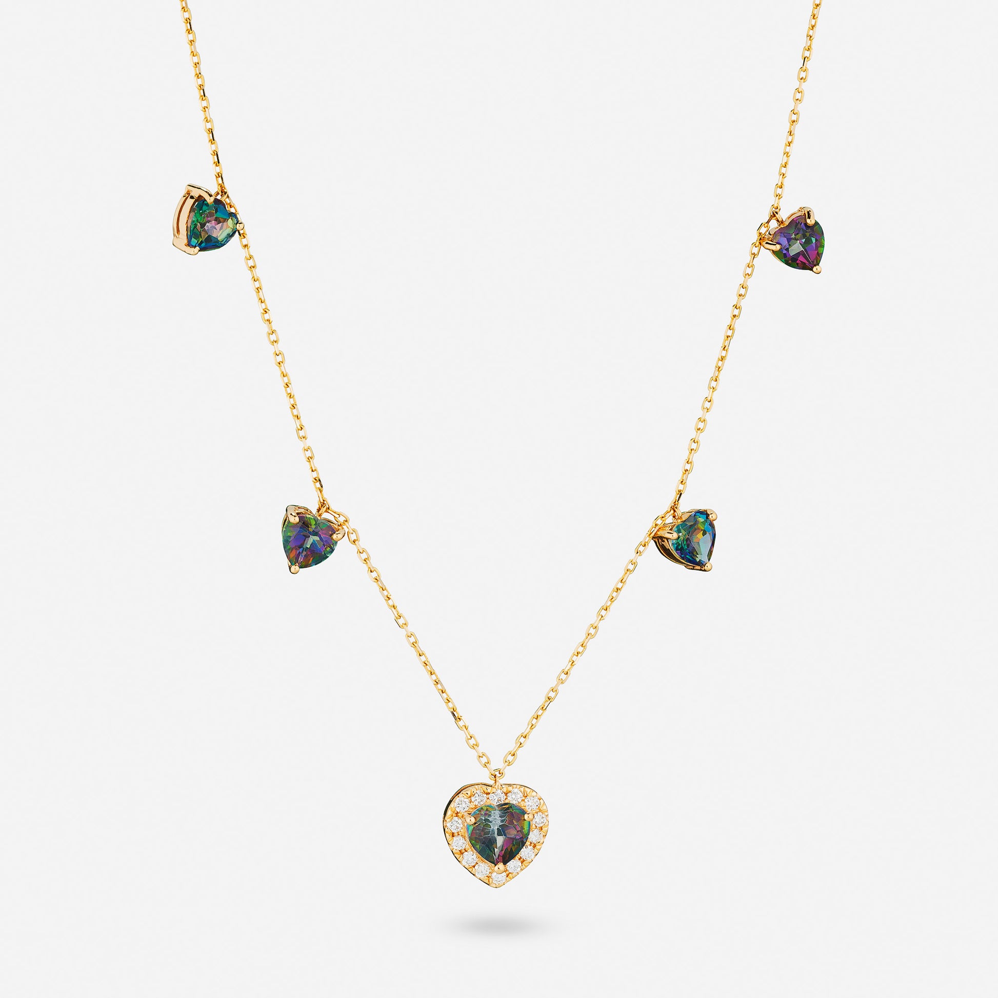 Halsband smycken i guld med ädelstenar Mystik Kvarts och diamanter.